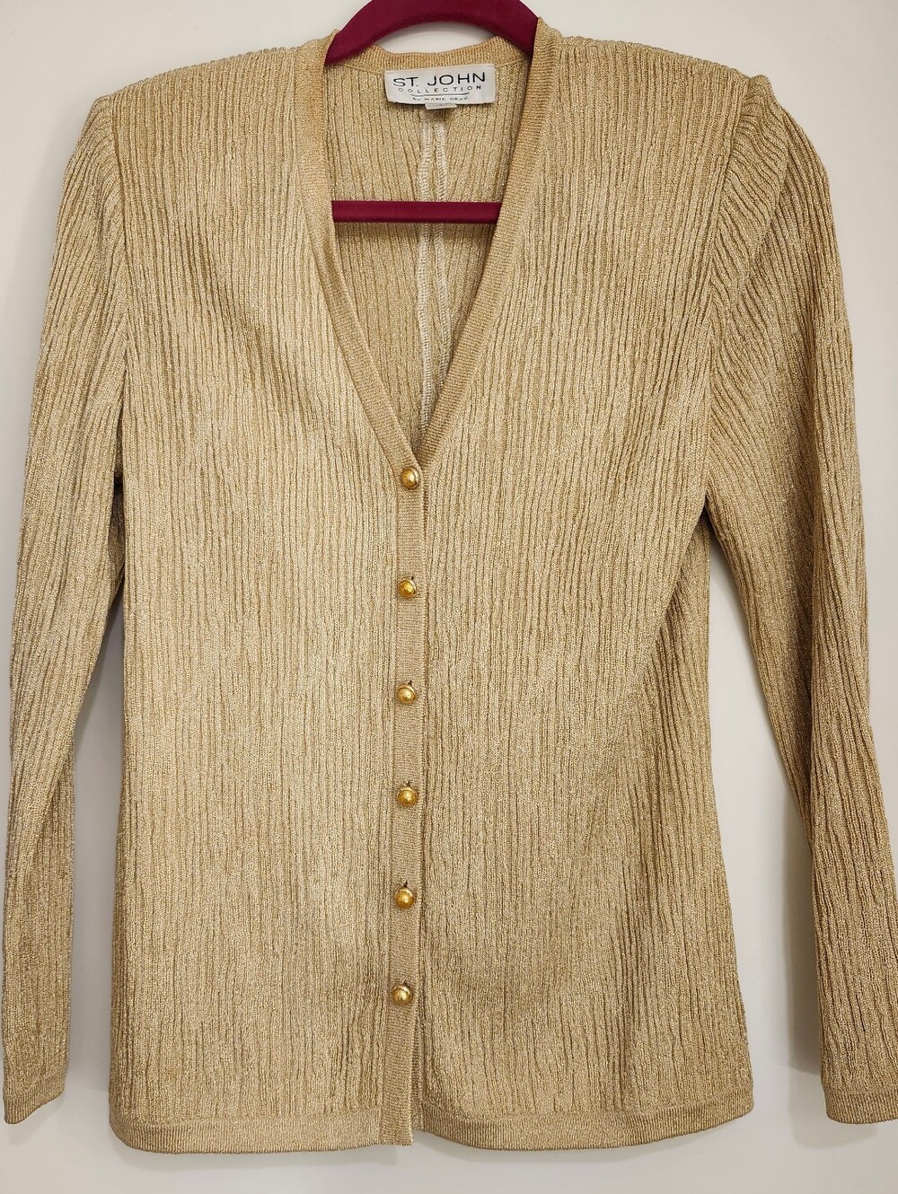 Vintage St. John Cruise Collection Metallic Gold Knit Button-Up V-Neck Cardigan